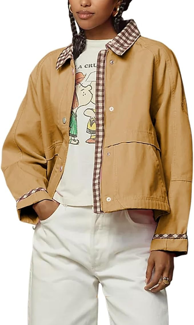 VAOYIU Women Snap Button Denim Jacket Cuffs Loose Plaid Collar Outfit Trendy Jean Coat with Pocke... | Amazon (US)