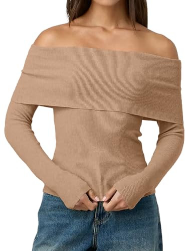 LILLUSORY Womens Off The Shoulder Sweater Fall Long Sleeve Going Out Y2k Tops Winter Date Night Outfits, Khaki, L | Amazon (US)