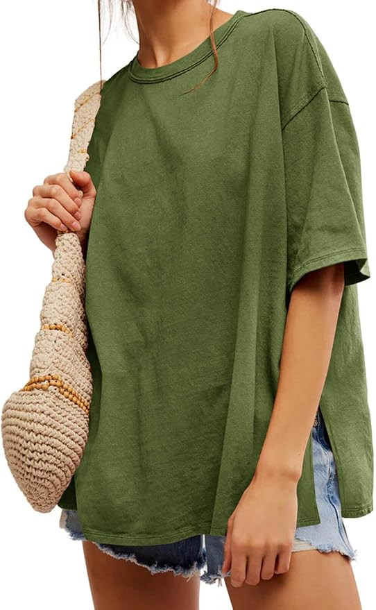 Tankaneo Womens Oversized Tshirts Summer Casual Short Sleeve Crew Neck T Shirt Loose Fit Side Sli... | Amazon (US)
