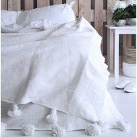 Moroccan White Pom Pom Blanket Cotton, xLarge King size bed, Bohemian bed cover | Bonanza (Global)