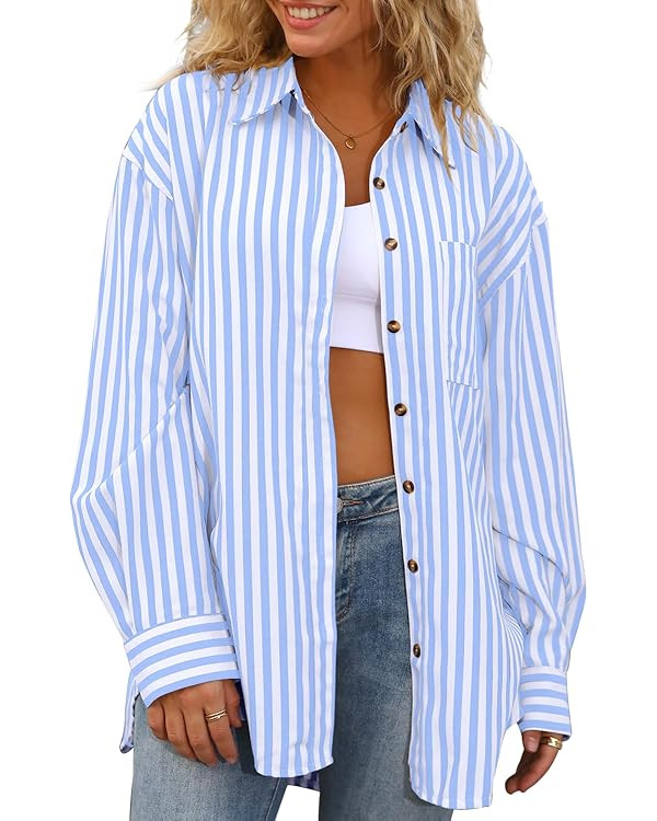 CHYRII Womens Striped Button Down Shirt Casual Long Sleeve Blouse Top | Amazon (US)