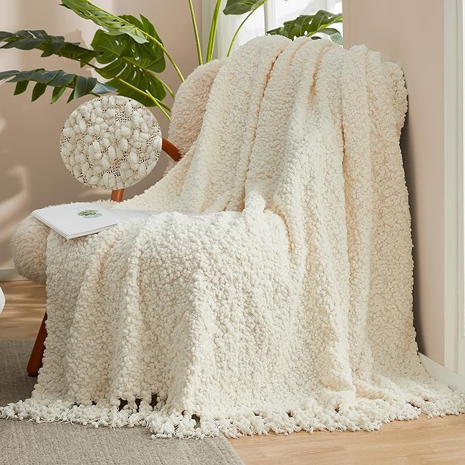 Amélie Home Textured Mulberry Throw Blanket Handmade with Tassels Chunky Soft Fluffy Knit Throw ... | Amazon (US)