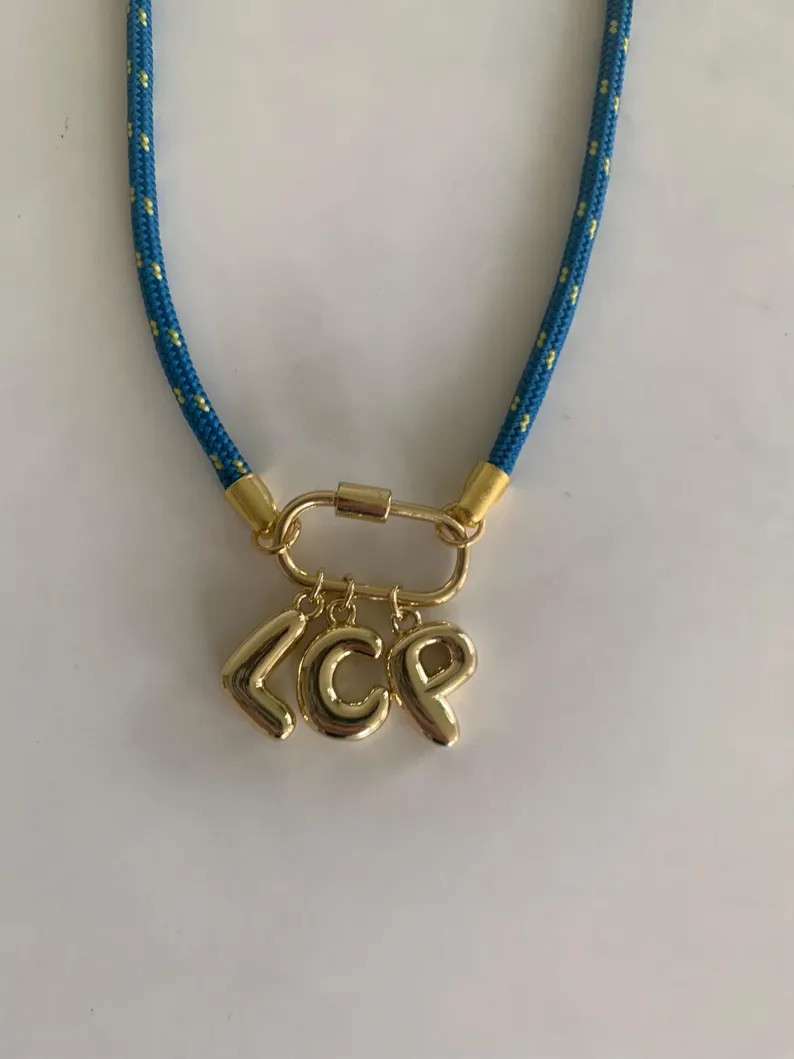 Personalized Blue Paracord Necklace with gold bubble initials. Spring fashion accessory, thoughtf... | Etsy (US)