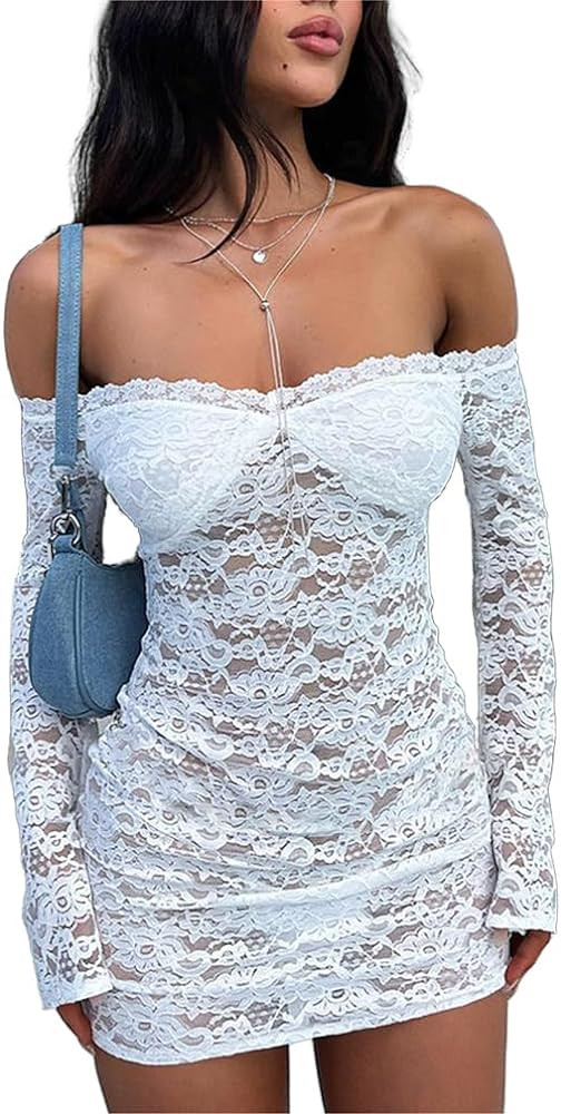 Women Sexy See Through Floral Lace Bodycon Mini Dress Y2k Skinny Long Sleeve Off Shoulder Mesh La... | Amazon (US)