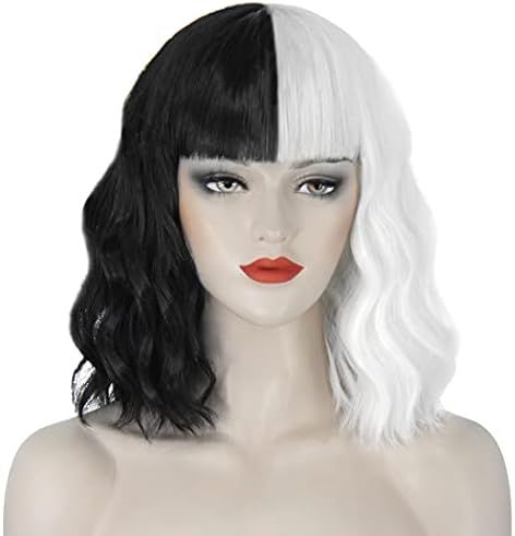 Juziviee Cruella Deville Wigs for Women, 12'' Short Black and White Wigs with Bangs for Cruella C... | Amazon (US)