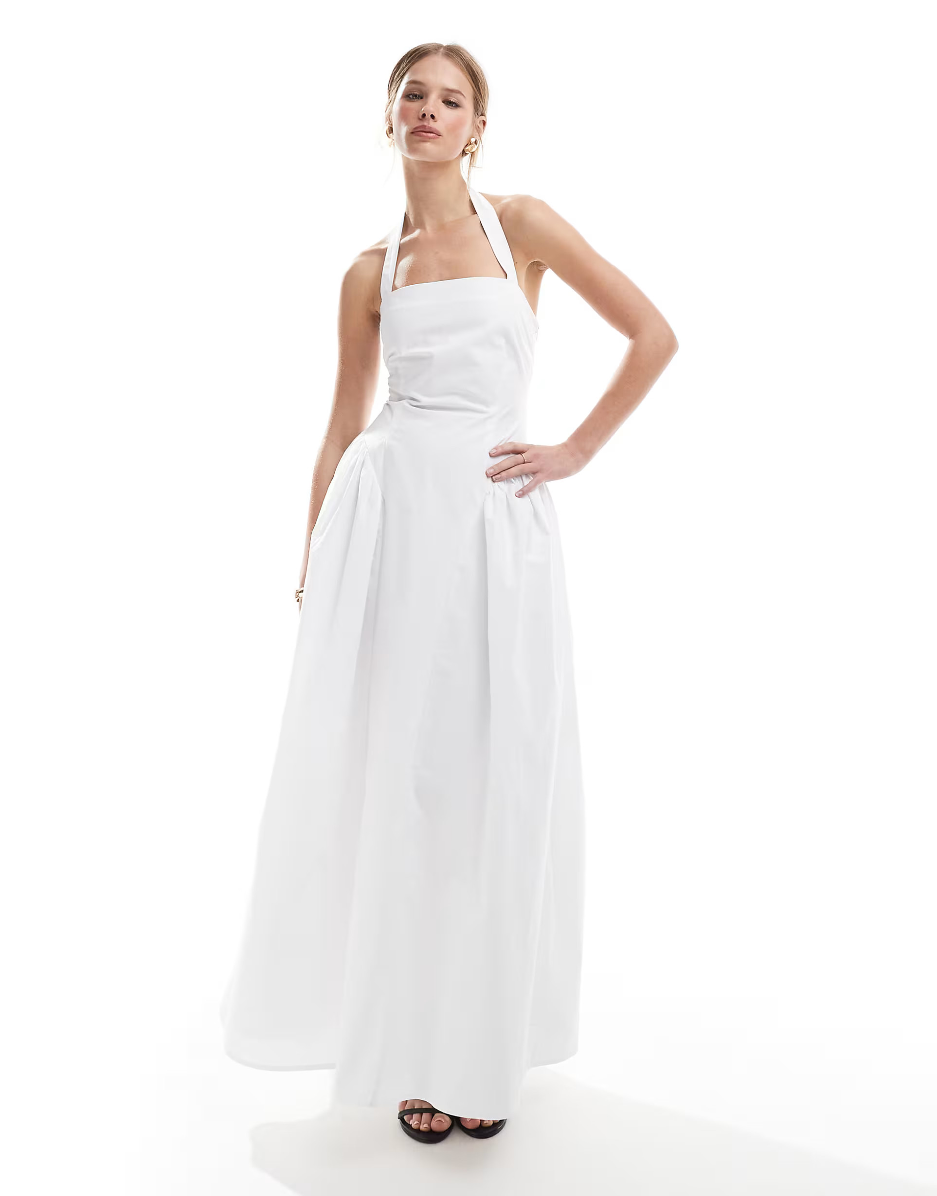 4th & Reckless cotton square halterneck hip pleat detail maxi dress in white | ASOS (Global)