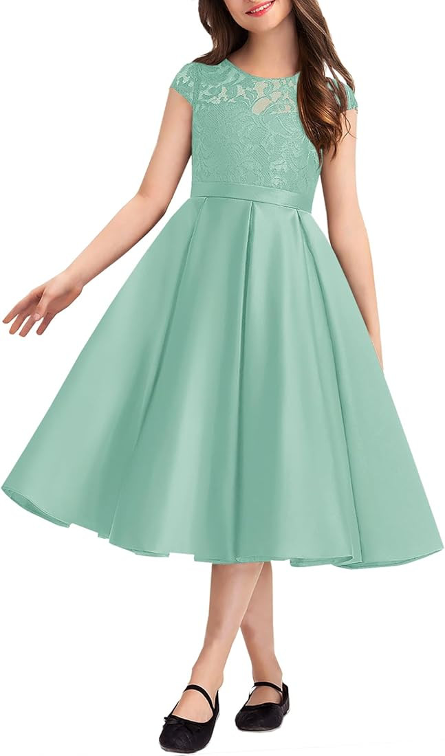 HOSIKA Elegant Flower Girls Dress Lace Satin A-Line Bridesmaid Princess Dresses for Wedding Birthday | Amazon (US)