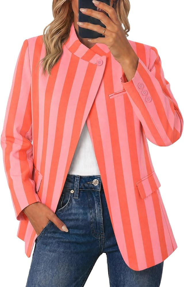 Cicy Bell Women Plaid Blazer Business Stand Collar Open Front Suit Jacket | Amazon (US)