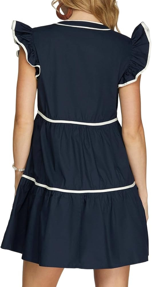 HOULENGS Women's Summer Ruffle Sleeve V Neck Flowy Mini Dress Casual Contrast Trim A Line Short B... | Amazon (US)