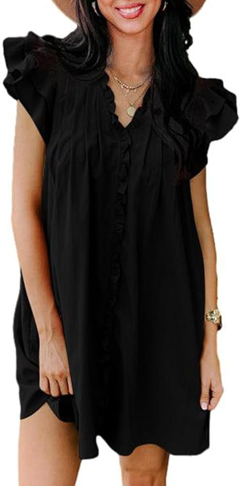 AlvaQ Womens Summer Dresses 2024 V Neck Ruffle Cap Short Sleeve Mini Dress Casual Flowy Pleated A... | Amazon (US)