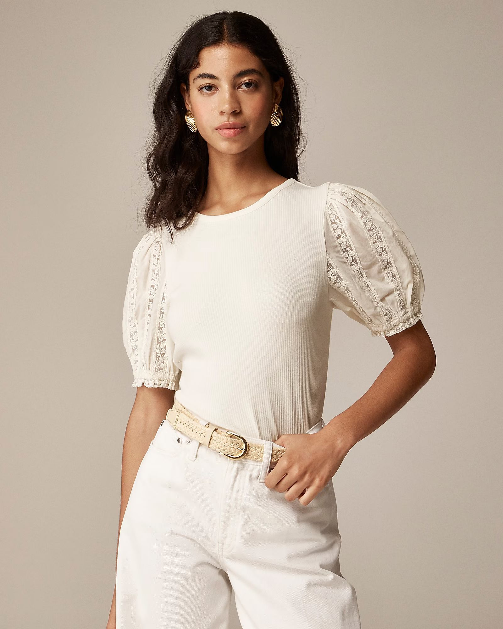 Vintage rib top with lace puff sleeves | J. Crew US