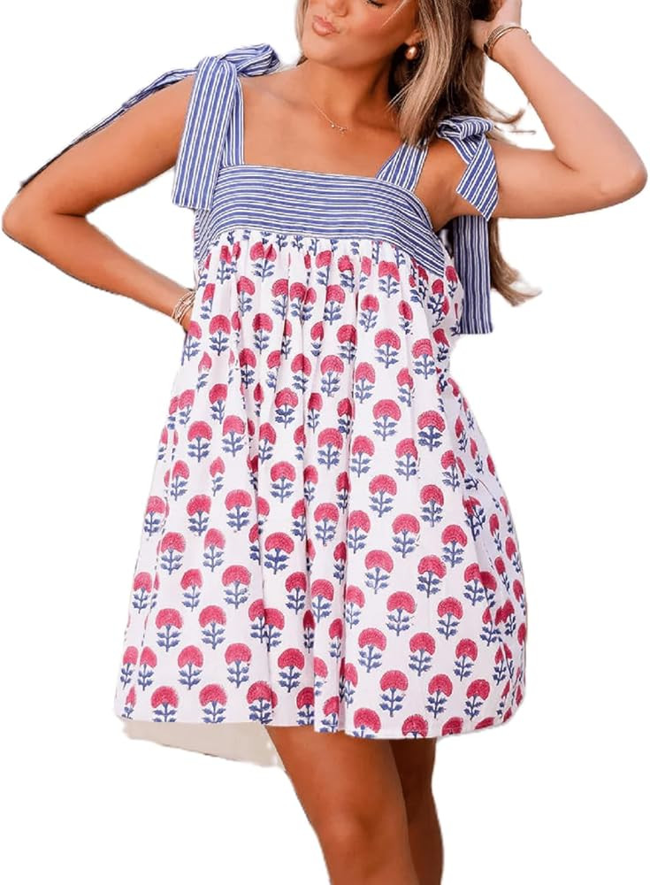 Women Y2K Tie Shoulder Mini Dress Bow Babydoll Ruffle Short Dress Summer Boho Floral Flowy Beach ... | Amazon (US)