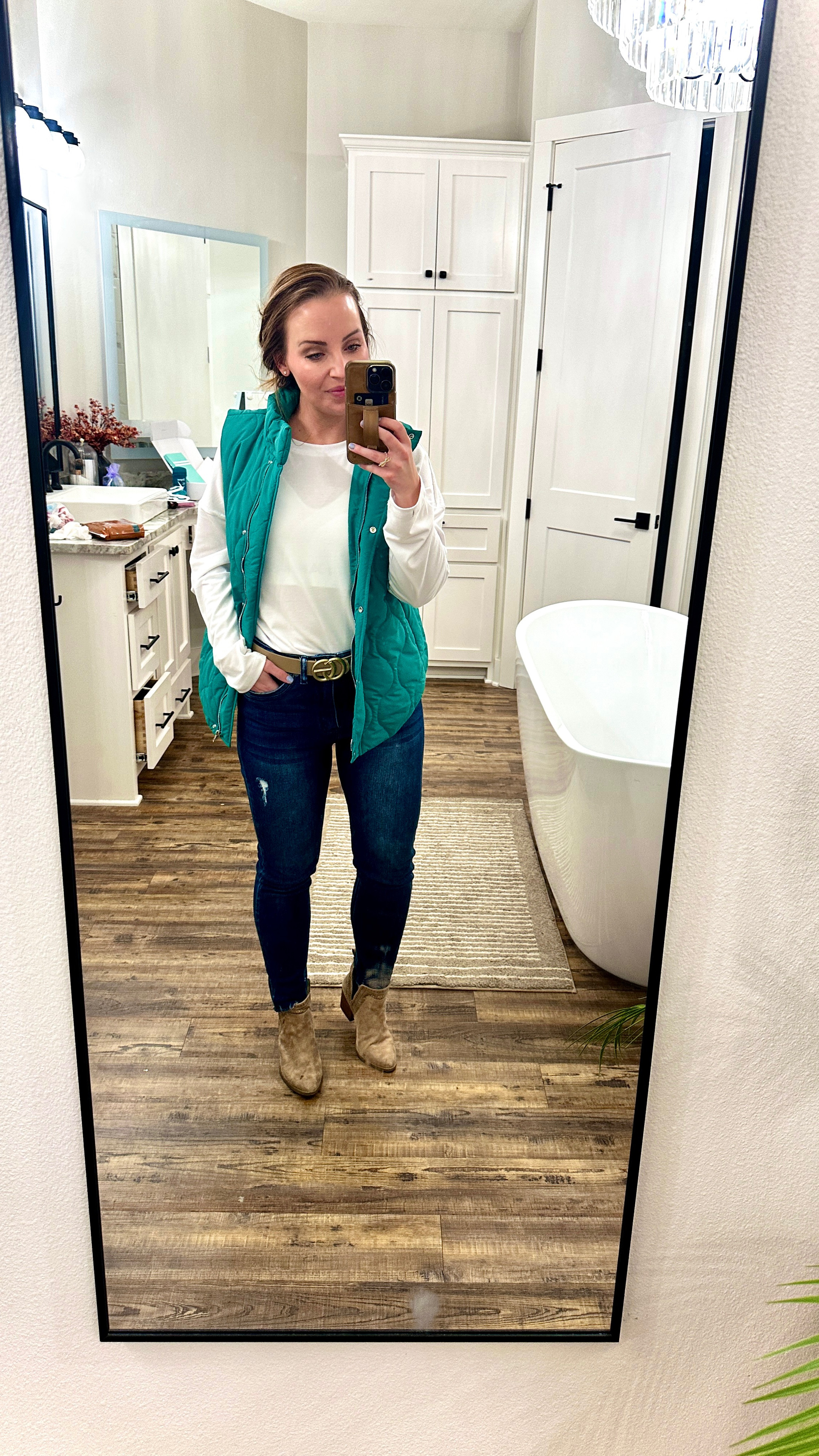 I am 5'3” 130 pounds wearing a size, small vest, and a medium in the White Long Sleeve Shirt Loose Fitted Crewneck. Paired with skinny jeans and nude suede ankle cut boots! 

#LTKWorkwear #LTKFindsUnder50 #LTKStyleTip