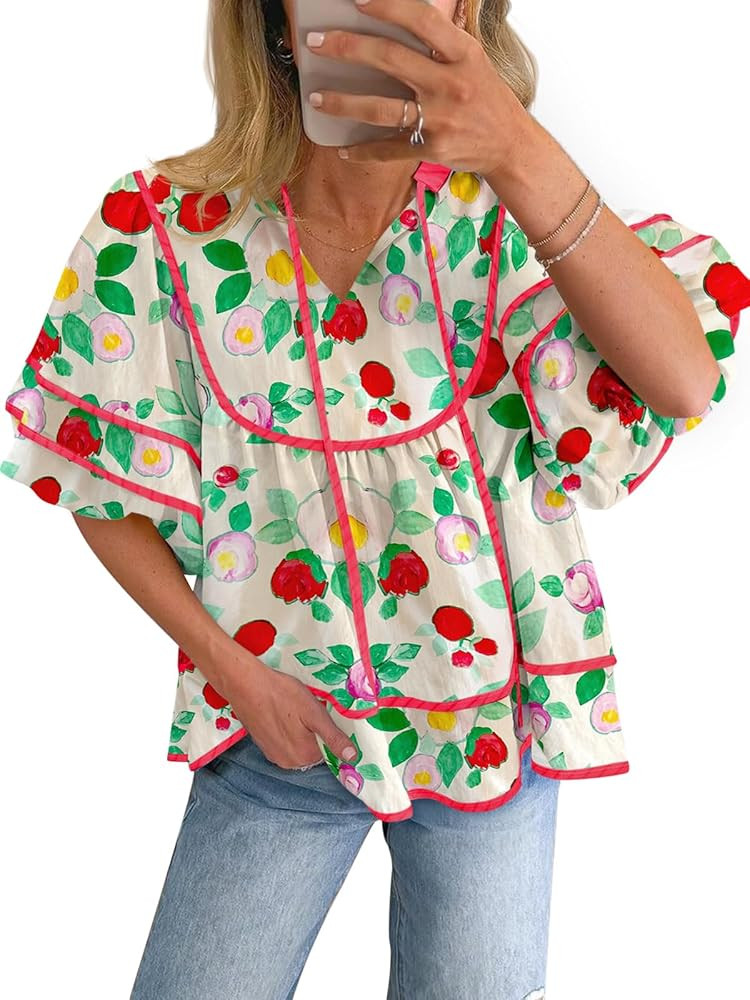 Cicy Bell Womens Summer Floral Babydoll Tops V Neck Short Lantern Sleeve Shirts Cute Loose Fit Fl... | Amazon (US)