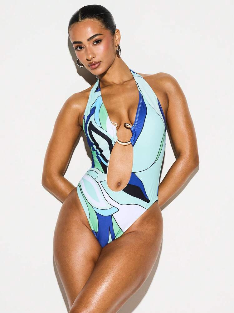 KIZN Women's Printed Halter Neck One Piece Swimsuit With Swirl Pattern And Cut Out Details For Be... | SHEIN