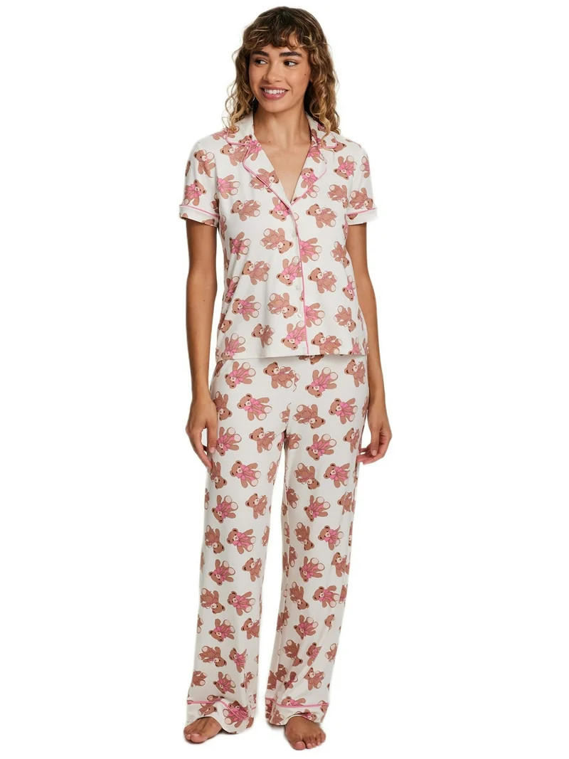 Sleep & Co. Women's & Women's Plus Short Sleeve Fesitve Notch Collar Button Down with Pant Pajama... | Walmart (US)
