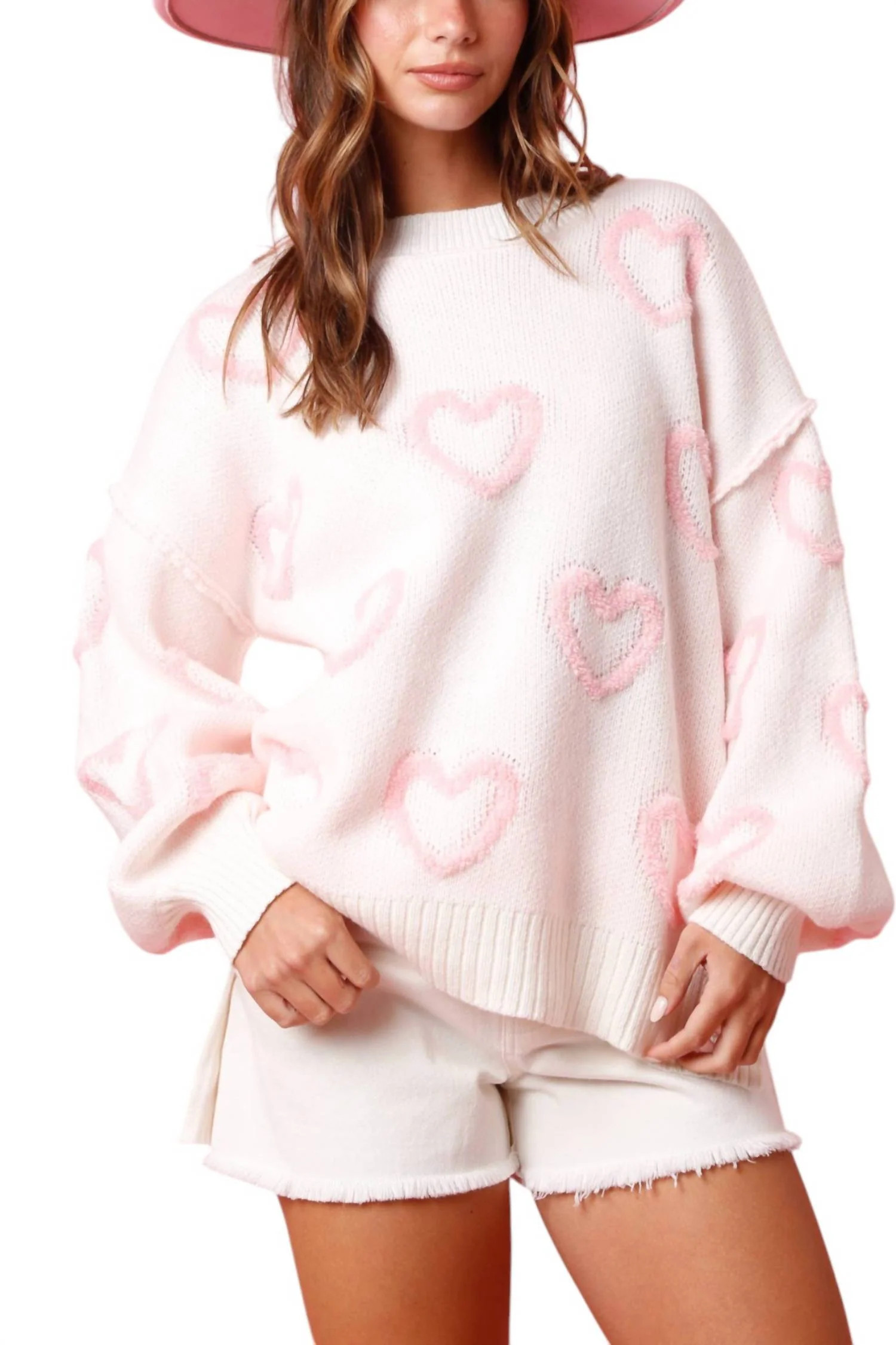 Puff Hearts Sweater In Pink | Shop Simon