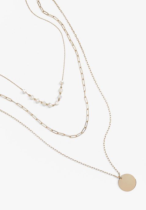 White Beaded and Gold Pendant Layered Necklace | Maurices