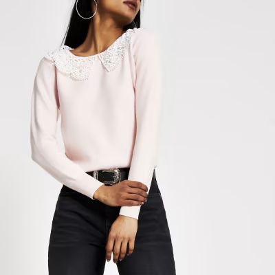 Petite pink broderie pearl collar knit jumper | River Island (UK & IE)