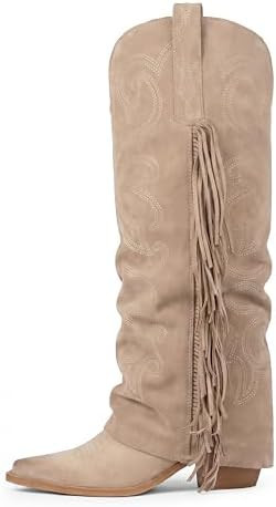QIY Women's Knee High Cowboy Boots Cowgirl Fold Over Fringe Boots for Women Western Embroidery Po... | Amazon (US)