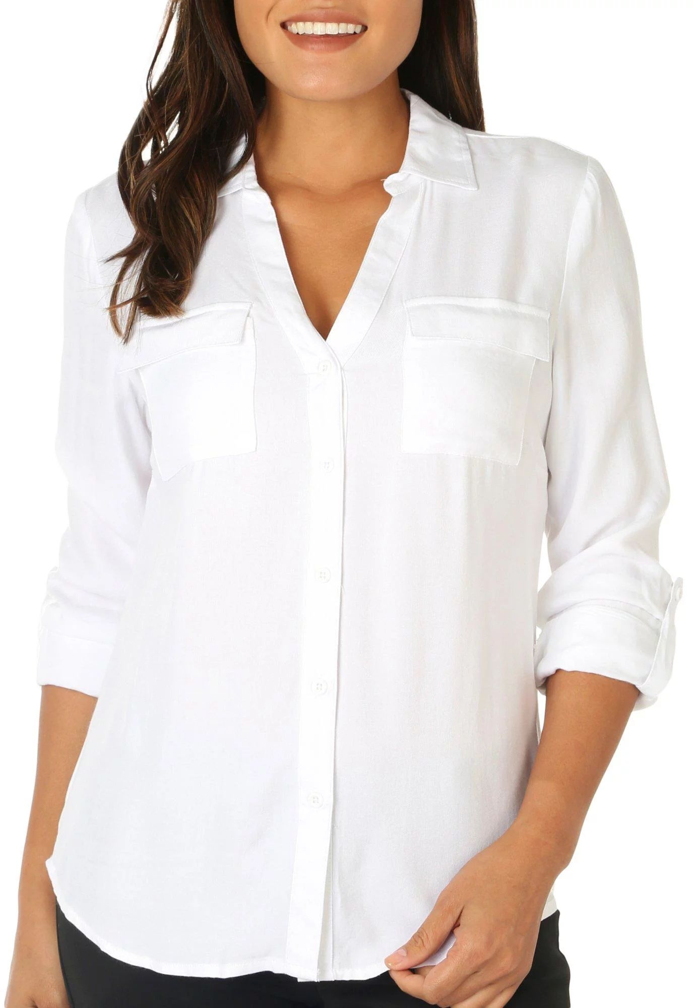 Alexander Jordan Womens Solid Button Down Pocket Long Sleeve Large White | Walmart (US)