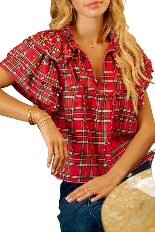 KevaMolly Womens Halloween Christmas T Shirts Plaid Pearl Ruffle Short Sleeve Loose T Shirt Casua... | Amazon (US)