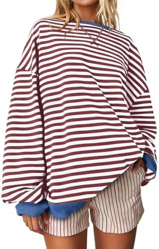 UEU Women Oversized Striped Crewneck Sweatshirt Long Sleeve Casual Pullover | Amazon (US)