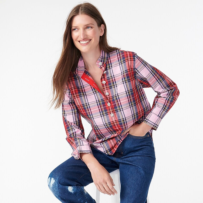 Band-collar popover tunic in pink Stewart tartan | J. Crew US