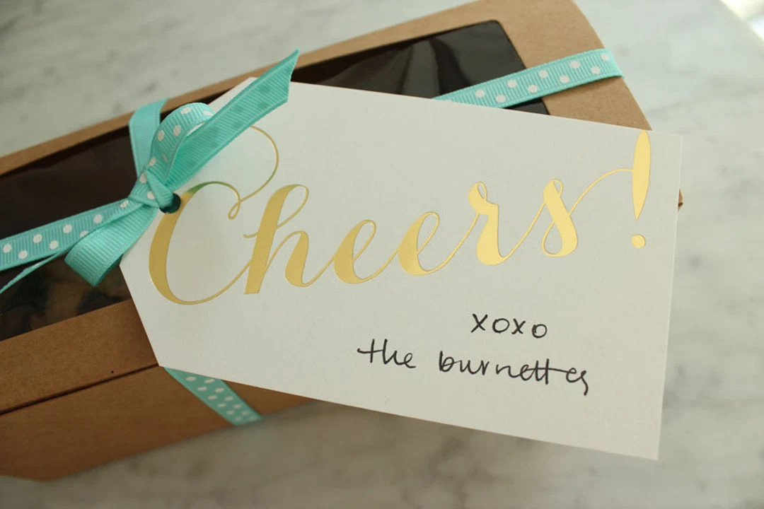 Cheers Gift / Wine / Champagne / Hanging Tags / Housewarming / Gift Enclosure - Gold Foil (white)... | Etsy (US)