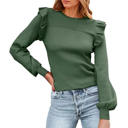Gzea Womens Pullover Sweaters Ladies Ruffles Shoulder Length Long Sleeves Sweater Round Neck Slim Fit Autumn Rib Knit Top Green M | Walmart (US)