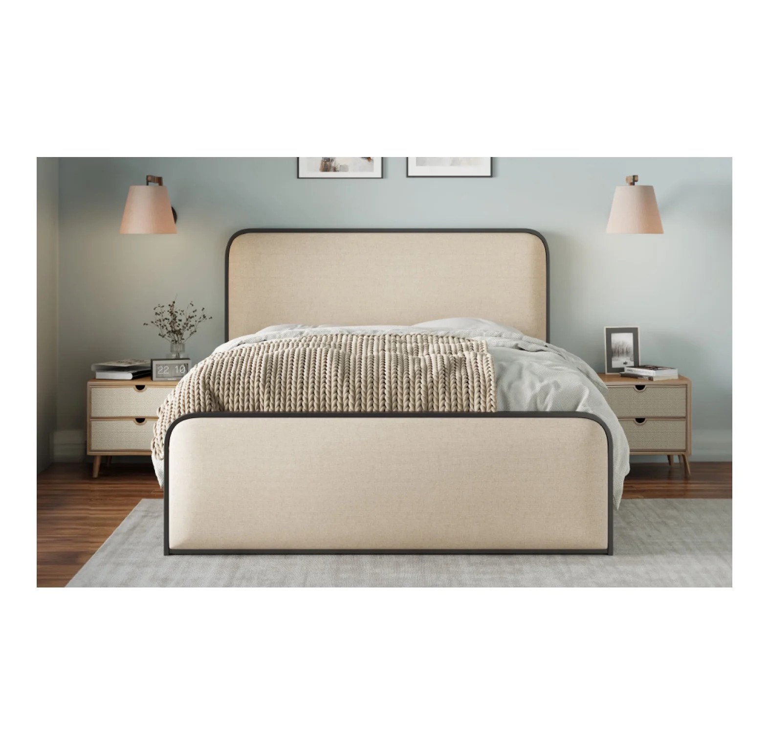 Modern Metal Bed, Curved Upholstered Headboard & Footboard, Queen, Beige, Under Bed Storage | Walmart (US)