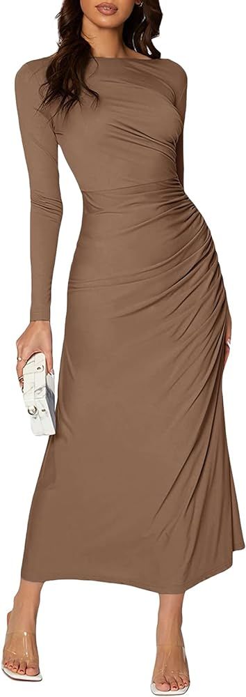Floerns Women's Solid Boat Neck Long Sleeve Ruched Side Party A Line Long Dress | Amazon (US)