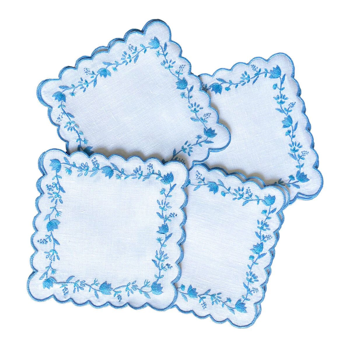 Hand Embroidered Scalloped Blue Floral Cocktail Napkins | Set of 4 | Christian Ladd Home