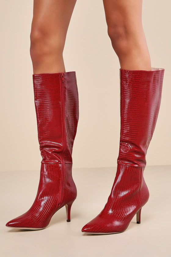 Sabeen Red Croc-Embossed Knee-High High Heel Boots | Lulus