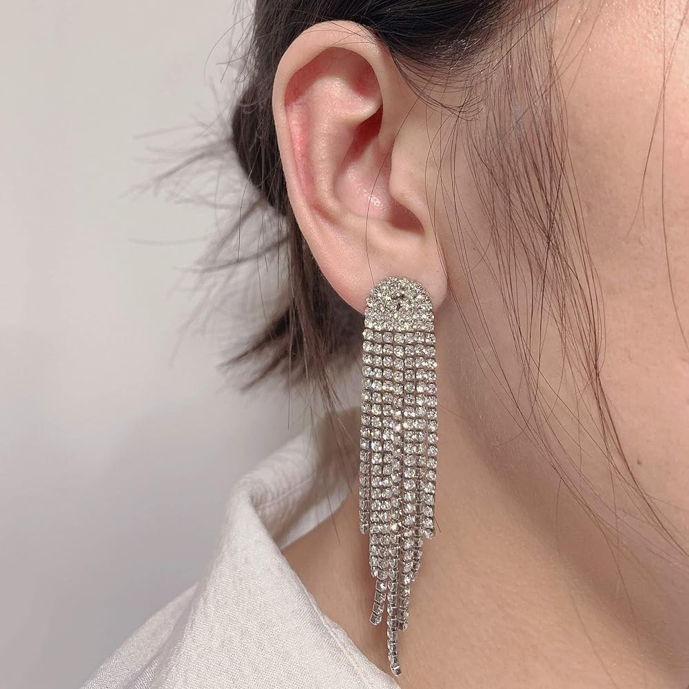 SELOVO Clear Rhinestone Crystal Boho Tassel Long Sparkle Dangle Earrings 2.8"/3.3" | Amazon (US)