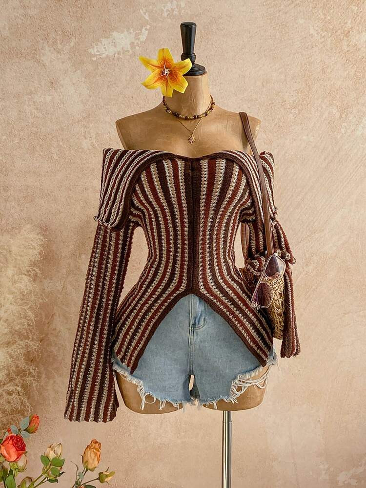 Soleia Women's Striped Knit Off The Shoulder Wrist Length Sleeve Top In Coffee Brown With Unique ... | SHEIN