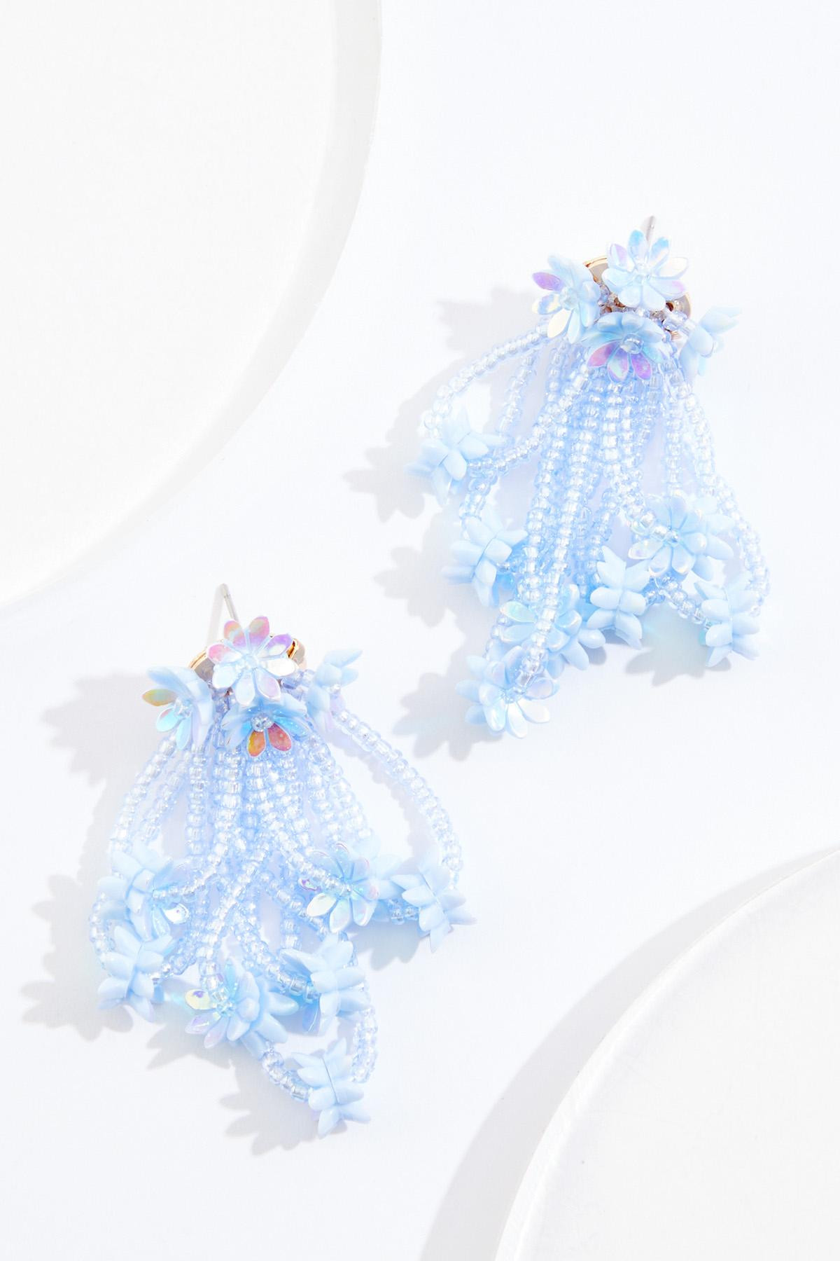 Blue Floral Beaded Tassel Earrings | Cato Fashions