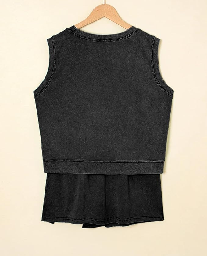 2 Piece Skirt Sets for Women Summer Mineral Wash Cotton Tank Top Lined Split Skorts Set Beach Vac... | Amazon (US)