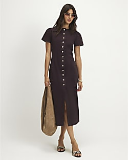 Brown Button Up Cap Sleeve Denim Midi Dress | River Island UK & IE