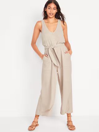 Sleeveless Voop-Neck Cropped Waist-Defined Linen-Blend Jumpsuit for Women | Old Navy (US)