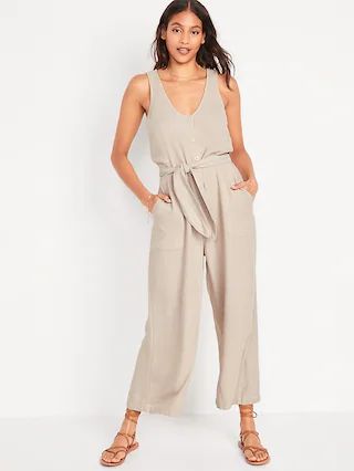 Sleeveless Voop-Neck Cropped Waist-Defined Linen-Blend Jumpsuit for Women | Old Navy (US)