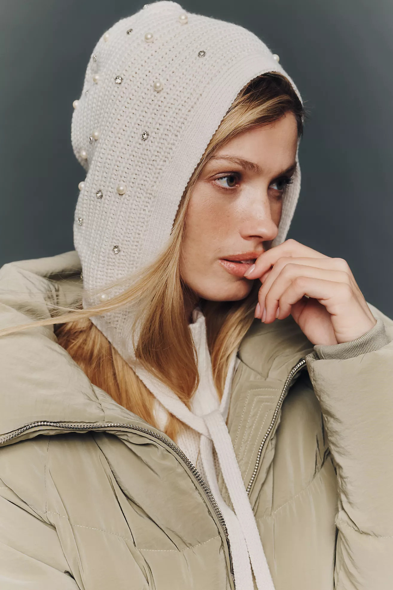 Flat White Rhinestone Embellished Knit Bonnet | Anthropologie (US)