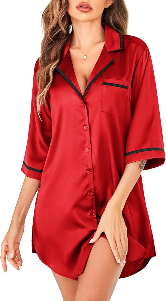 Ekouaer Camisón de satén para mujer, camisa de dormir con botones, manga 3/4, vestido de pijama... | Amazon (US)