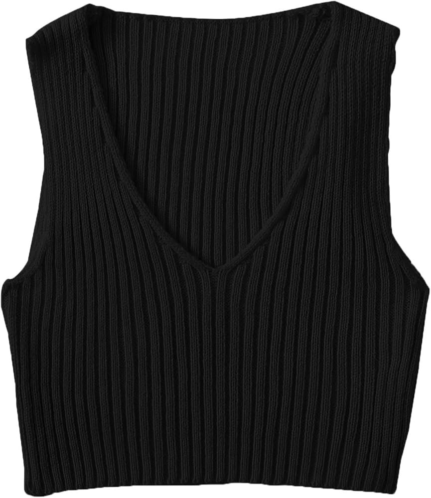 SweatyRocks Women's Ribbed Knit Crop Sleeveless V-Neck Sweater Vest Crop Tank Top | Amazon (US)