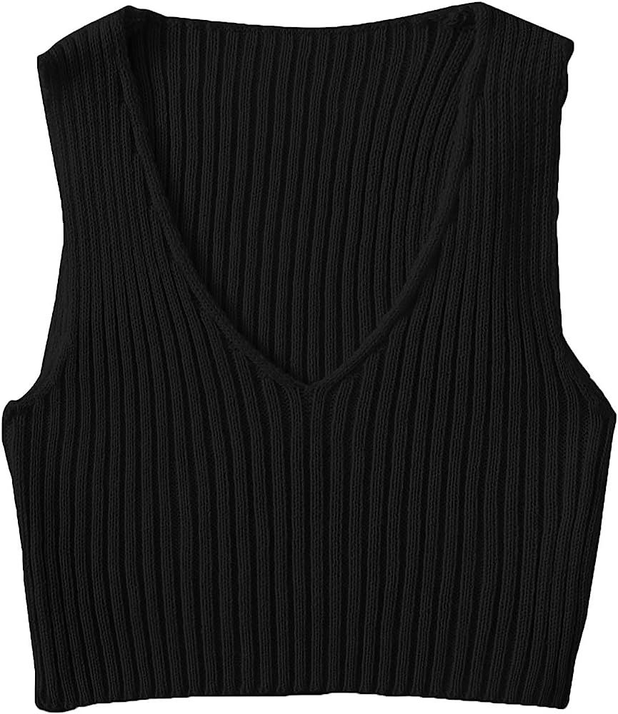 SweatyRocks Women's Ribbed Knit Crop Sleeveless V-Neck Sweater Vest Crop Tank Top | Amazon (US)
