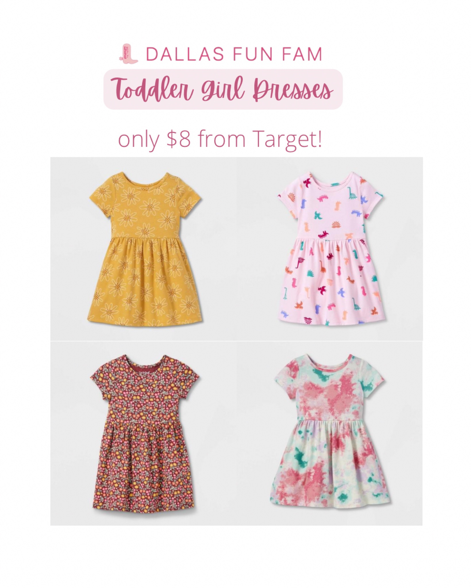 Affordable toddler girl play dresses from Target! Only $8 and several different styles available including pink dinosaurs, yellow daisies, fall floral, and a pastel tie dye. Perfect for daycare or Mother’s Day out. Available in sizes 12m - 5T!

Toddler girl clothes, girly dresses, Target style, free shipping, store pick up, baby girl, transitional fall, under $10, twirl dresses  

#LTKunder50 #LTKbaby #LTKkids