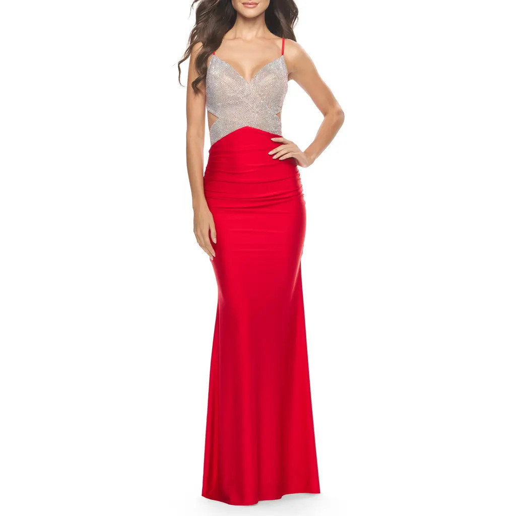 La Femme Ruched Gown with Rhinestone Bodice and Side Cutouts in Red at Nordstrom, Size 0 | Nordstrom