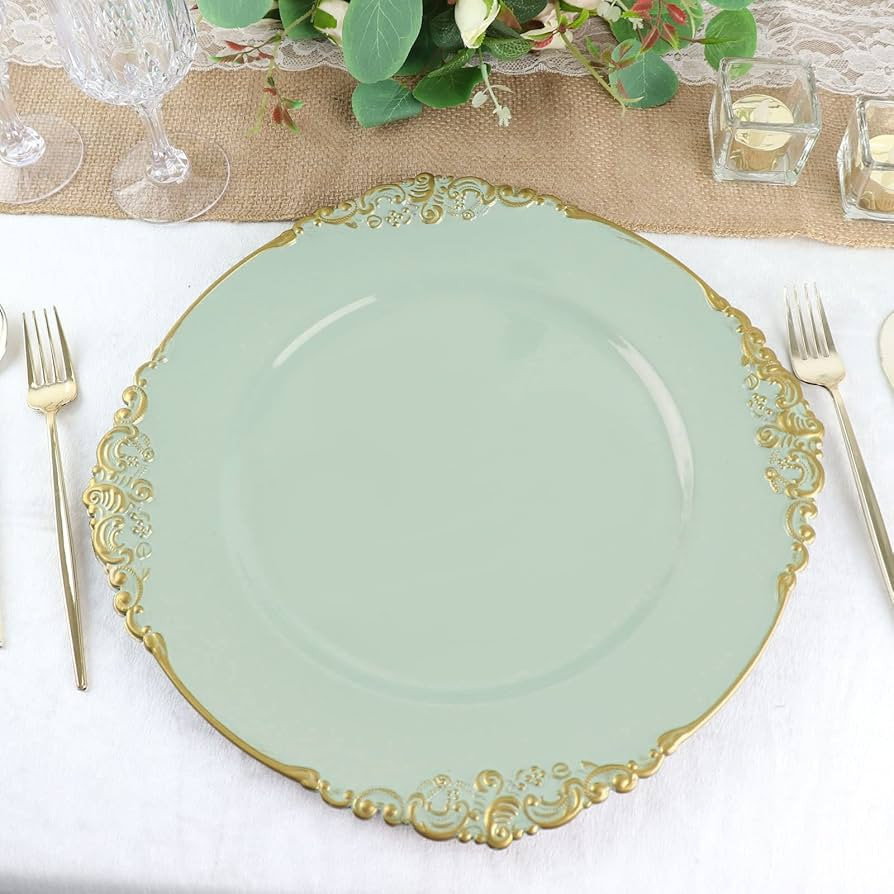 Tableclothsfactory 6 Pack Sage Green 13" Round Baroque Charger Plates Leaf Embossed Rim for Table... | Amazon (US)