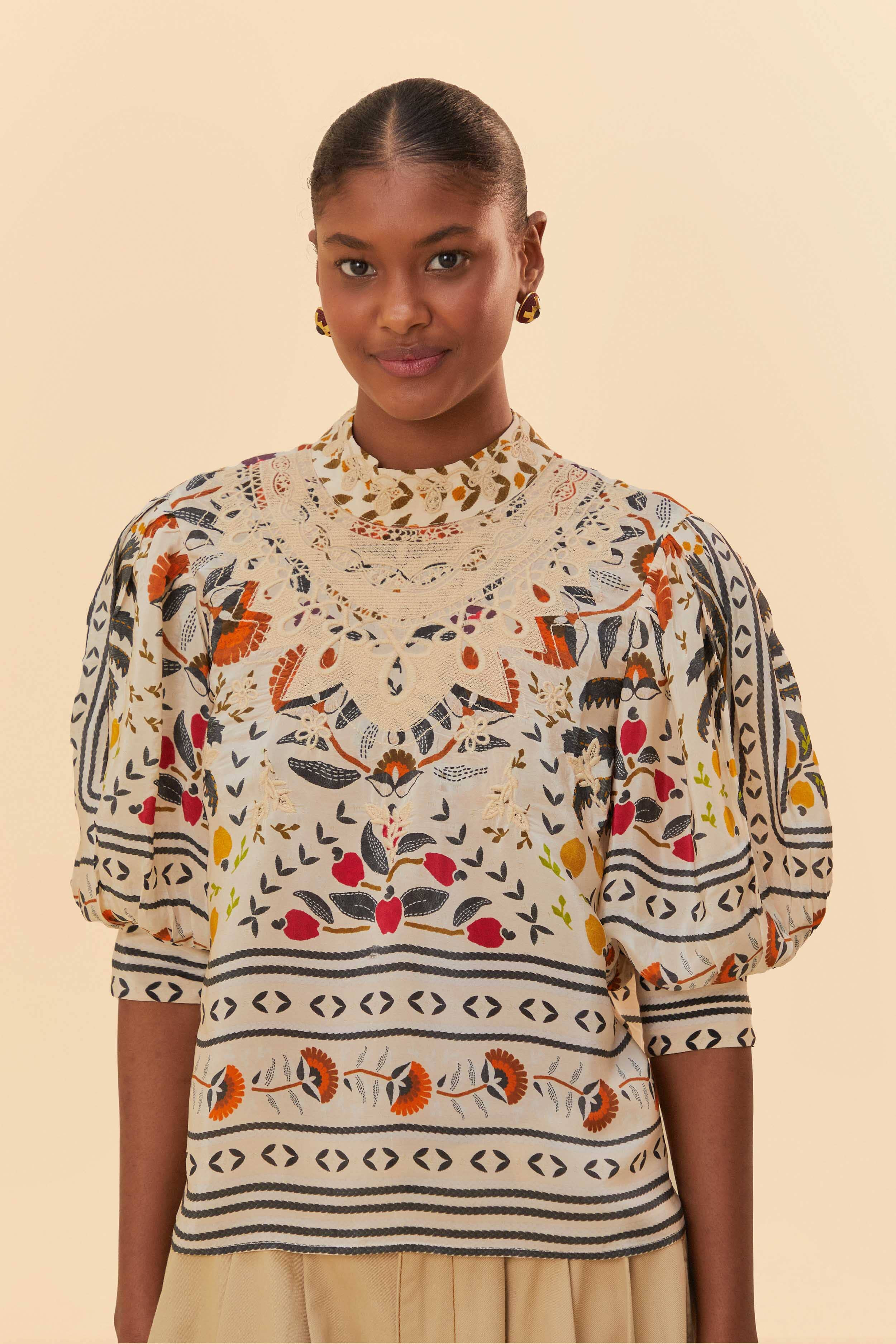 Sand Palms Paradise High Neck Blouse | FarmRio (US)