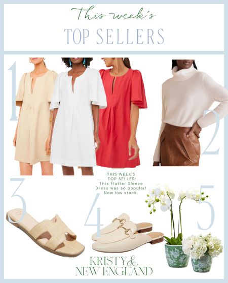 This week’s top sellers: Flutter Sleeve Dress is a great fabric, has pockets, and hits just right. Selling fast! My fav cashmere turtleneck of winter on sale, these raffia sandals, these horsebit slides are on sale, and the green floral planters are a great refresh addition for your home. 

#LTKover40 #LTKhome #LTKsalealert